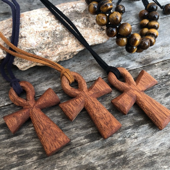 Hand-Carved Mahogany Wooden Ankh Necklace - Picture 5 of 8